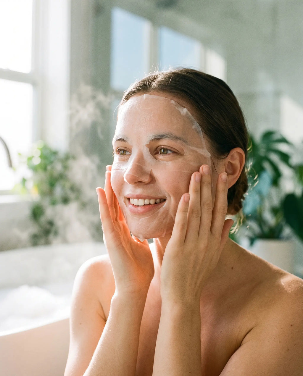 Jeune femme appliquant le Masque Collagène Belliska dans une salle de bain lumineuse